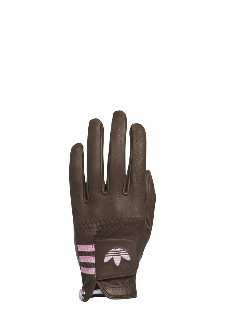 Brown leather glove with perforated fingers, three pink accent stripes on the wrist area, and a logo patch near the wrist.