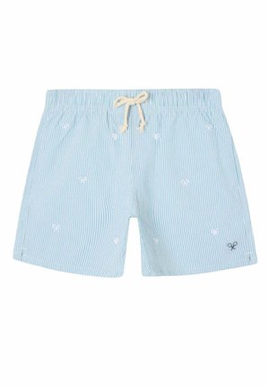 Bañador corto con rayas azul claro y blancas, con pequeños motivos bordados en blanco y un cordón beige en la parte delantera.