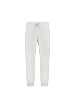 Gaiši pelēkas sporta bikses ar elastīgu jostasvietu, auklu un sašaurinātiem piedurknēm. Izgatavotas no mīksta auduma ar gludu tekstūru.