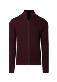 Burgundowa dzianinowa kardigan zapinany na zamek z wysokim kołnierzem, fakturowanym materiałem, dopasowanym krojem oraz prążkowanymi mankietami i dołem.
