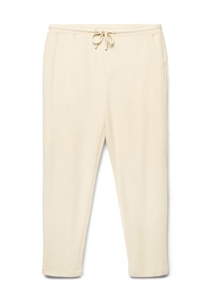 Pantaloni casual color crema con vita elastica e coulisse, dotati di tasche laterali e design a gamba affusolata.