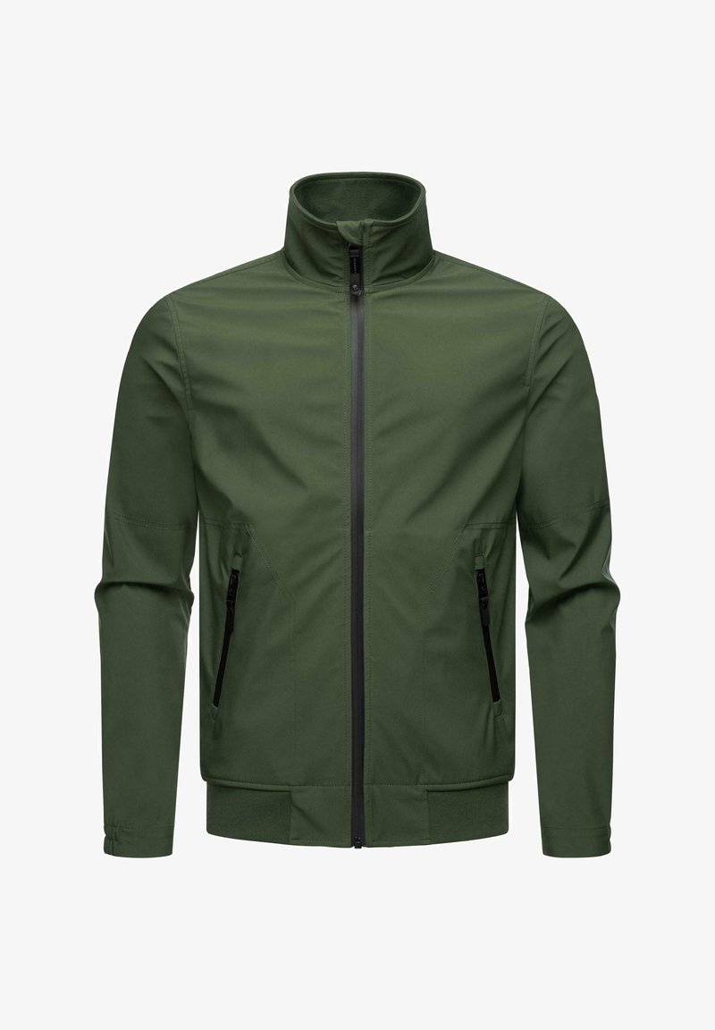 Roheline jakk kõrge kraega, esisepp ja kaks külgset zipper taskut. Valmistatud siledast kangast, millel on vormitud vöökoht ja mansetid.