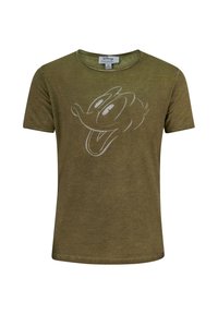 Camiseta de algodón verde oliva con cuello redondo y mangas cortas, que presenta un gráfico blanco de la cara de un personaje en el frente.