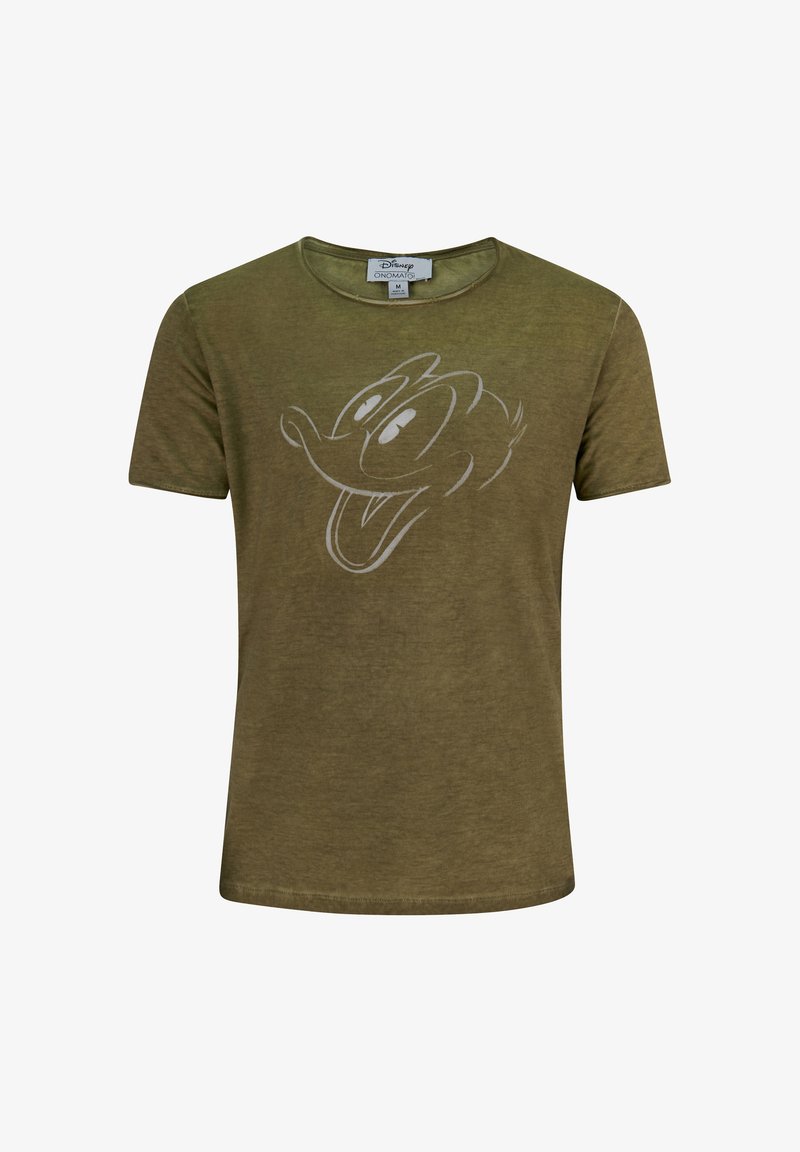 Camiseta de algodón verde oliva con cuello redondo y mangas cortas, que presenta un gráfico blanco de la cara de un personaje en el frente.