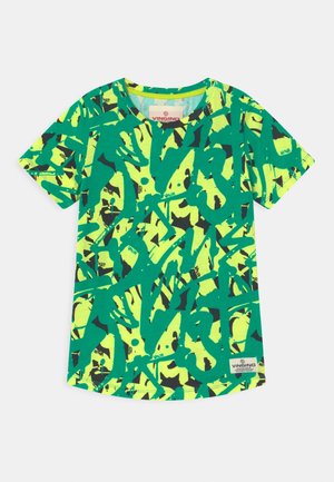 T-shirt met korte mouwen en ronde hals, met een felgeel-groene en teal abstracte graffitiprint en VINGINO merkembleem aan de zoom.