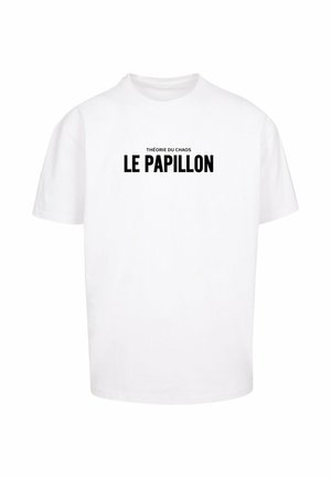 Biele bavlnené tričko s výrazným čiernym textom „THÉORIE DU CHAOS LE PAPILLON“ na prednej strane, s okrúhlym výstrihom a krátkym rukávom.