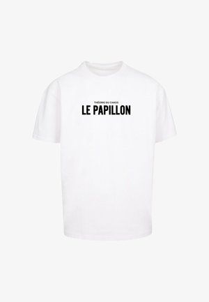 Biele bavlnené tričko s výrazným čiernym textom „THÉORIE DU CHAOS LE PAPILLON“ na prednej strane, s okrúhlym výstrihom a krátkym rukávom.