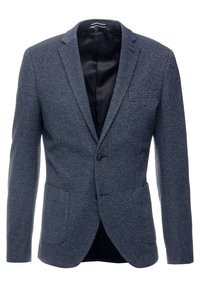 Námořnický modrý blazer vyrobený z texturované látky, s klopovým límcem, jedním knoflíkem na zapínání a dvěma předními kapsami. Černá podšívka.