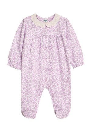 Heldragt til baby med lange ærmer med lilla blomsterprint, krøllet cremefarvet krave og frontknapper med trykknapper, inklusiv dækkede fødder.