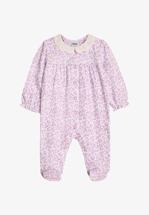 Heldragt til baby med lange ærmer med lilla blomsterprint, krøllet cremefarvet krave og frontknapper med trykknapper, inklusiv dækkede fødder.