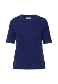 Marineblå kortærmet sweater lavet af fluffy tekstureret stof. Rund hals design med oprullede manchetter og færdig kant. Blød, hyggelig udseende.