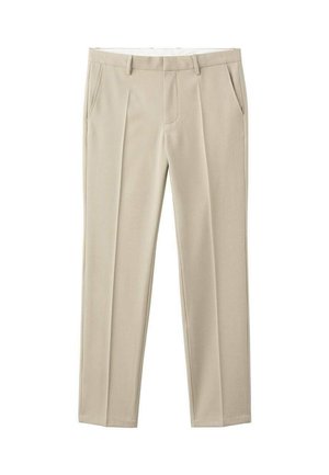Beżowe spodnie na miarę o gładkiej fakturze, z dwoma bocznymi kieszeniami i prostym krojem nogawki, odpowiednie na formalne lub codzienne okazje.