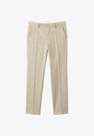 Bež hlače po mjeri s glatkom teksturom, s dvije bočne džepa i dizajnom ravnih nogavica, prikladne za formalnu ili ležernu odjeću.
