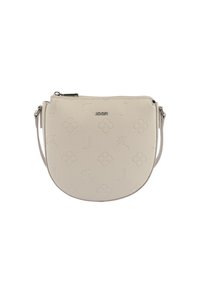 Borsa a tracolla beige chiaro con motivi floreali e letterali in rilievo, forma circolare e chiusura con zip argentata, dotata di tracolla regolabile.