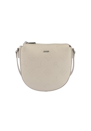 Borsa a tracolla beige chiaro con motivi floreali e letterali in rilievo, forma circolare e chiusura con zip argentata, dotata di tracolla regolabile.