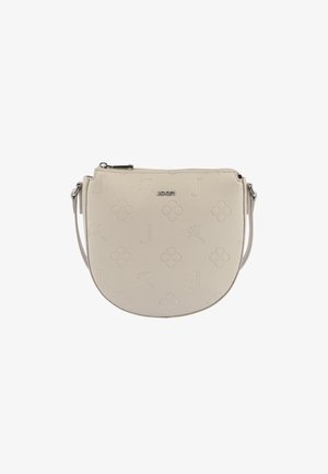 Jasno beżowa torebka crossbody z tłoczonymi wzorami kwiatowymi i literowymi, okrągły kształt oraz srebrny zamek błyskawiczny z regulowanym paskiem.