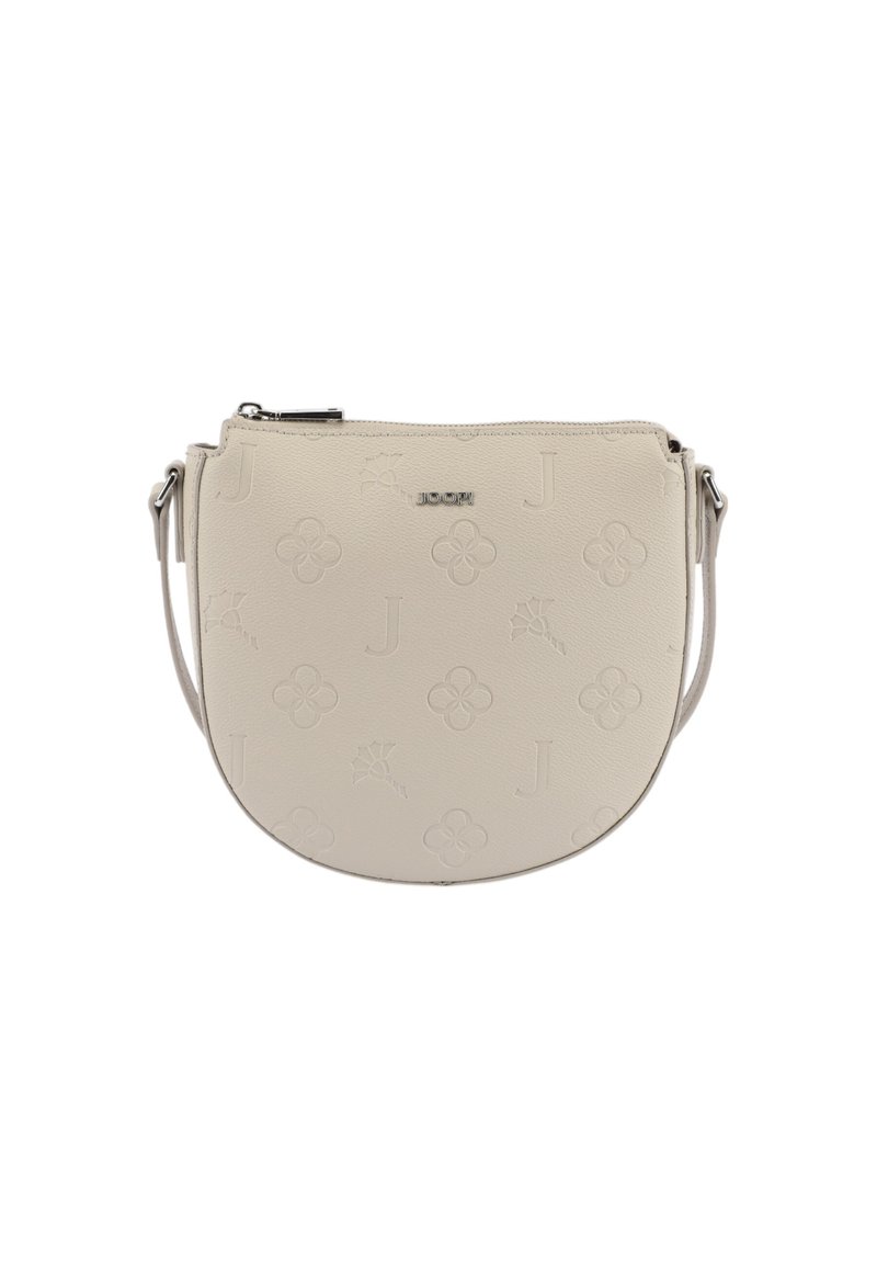 Borsa a tracolla beige chiaro con motivi floreali e letterali in rilievo, forma circolare e chiusura con zip argentata, dotata di tracolla regolabile.