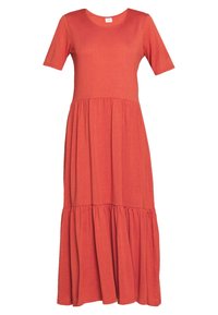 Rotes, kurzärmliges Maxikleid aus weichem Stoff. Es hat ein enganliegendes Oberteil und einen gestuften Rock mit Raffungen an der Taille.