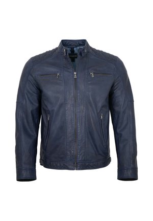 Men’s dark blue leather jacket with quilted shoulders, front zipper, four zippered pockets, and a stand-up collar with buckle strap.