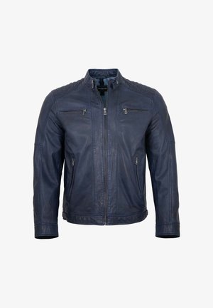 Men’s dark blue leather jacket with quilted shoulders, front zipper, four zippered pockets, and a stand-up collar with buckle strap.