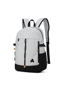 Sac à dos en tissu gris et noir avec des bretelles réglables, plusieurs zippers et un logo noir. Doté d'accents dorés et d'une finition texturée.