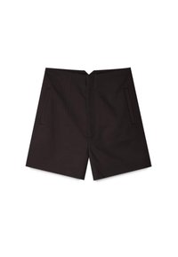 Pantaloni neri con vita alta, texture liscia e due tasche laterali. Il retro presenta un taglio pulito con un dettaglio di cucitura discreto.