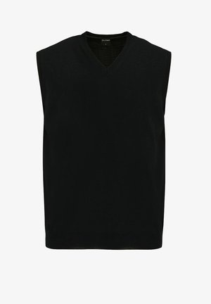 Schwarzer ärmelloser Strickpullover mit V-Ausschnitt, der eine glatte Textur und ein schlichtes Design aufweist, ideal zum Layering.