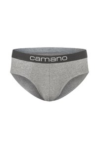 Szare bawełniane slipy z czarnym elastycznym pasem w talii, na którym znajduje się logo "camano" w białym kolorze. Gładka faktura, klasyczny krój i minimalistyczny design.