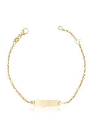 Bracciale in oro con design a catena intrecciata e piastra rettangolare per incisione. Dotato di chiusura a moschettone e finitura lucida.