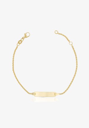 Bracciale in oro con design a catena intrecciata e piastra rettangolare per incisione. Dotato di chiusura a moschettone e finitura lucida.