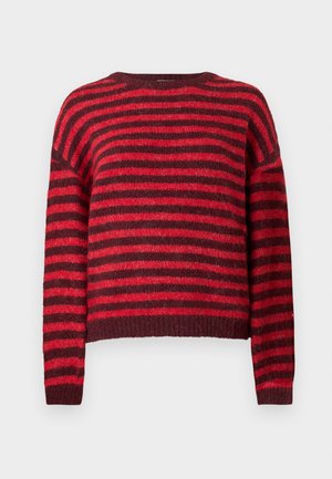 Suéter a rayas rojas y rojo oscuro, cuello redondo, mangas largas, textura suave, dobladillo acanalado, diseño corto.