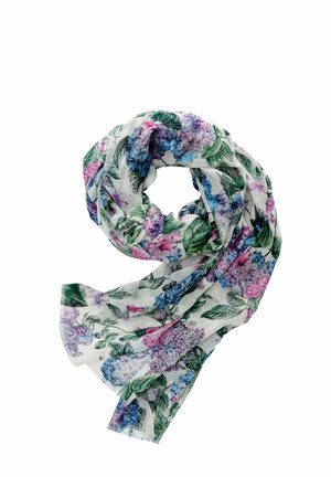 Blommig scarf i lätt tyg, med mönster av lila och blå hortensior på en vit bakgrund. Mjuk textur med fransade kanter.