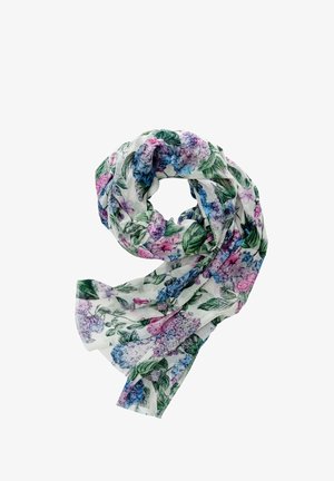 Floral scarf in lightweight fabric, featuring purple and blue hydrangea patterns on a white background. Soft texture with fringed edges.