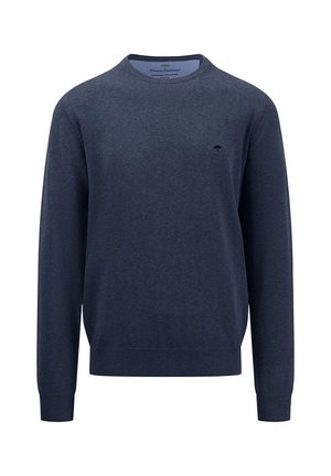 Marineblauwe ronde hals trui van een zachte stof, met lange mouwen en een klein logo op de borst. Geribbelde boorden en zoom.