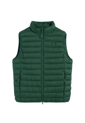 Chaleco acolchado sin mangas de color verde oscuro con cremallera frontal y dos bolsillos laterales con cremallera, con un pequeño logo redondo en el pecho izquierdo.