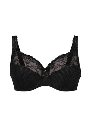 Soutien-gorge noir en tissu à pois texturé, avec des accents en dentelle sur les bonnets et des bretelles ajustables. Il dispose d'un fermoir décoratif à l'avant.