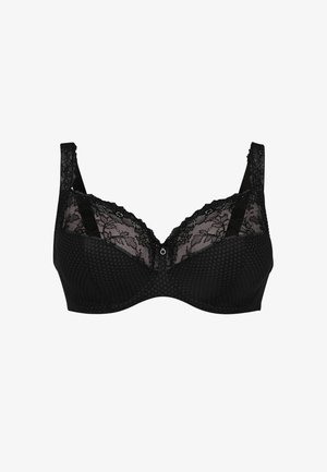 Black bra with textured polka dot fabric, lace accents on cups, and adjustable straps. Features a decorative front clasp.