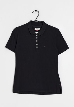Black short-sleeve polo shirt with a collar, five-button placket, and side slits; features a small branded logo on the chest.