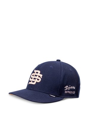 Navy blue baseball cap with beige embroidered "SS" logo on front and "Djinns Doing Beautiful Things" text on side.