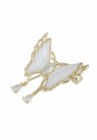 Gold butterfly brooch with white petals, crystal center, and two teardrop accents. Intricate wing design and elegant curves.