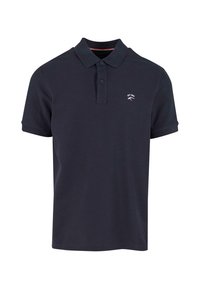 Marineblauwe polo met korte mouwen, voorzien van twee knopen en een klein wit geborduurd logo op de linkerborst.