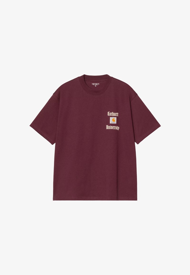 Camiseta de algodón burdeos con cuello redondo, que presenta el texto blanco "Carhartt" y "University", además de un pequeño logo en el pecho.
