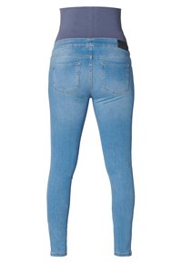 Högmidjade blå denimjeans med en slät, elastisk midja och femfickorsdesign. Har en smal passform och ljus tvätt.