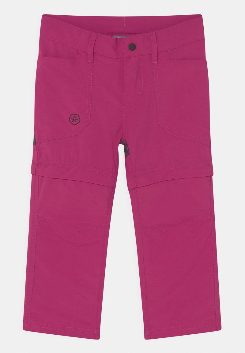 Pantalones de exterior rosa con un material duradero, cierre de botón y bolsillos laterales. Cuenta con detalles en negro en los costados y costuras reforzadas.