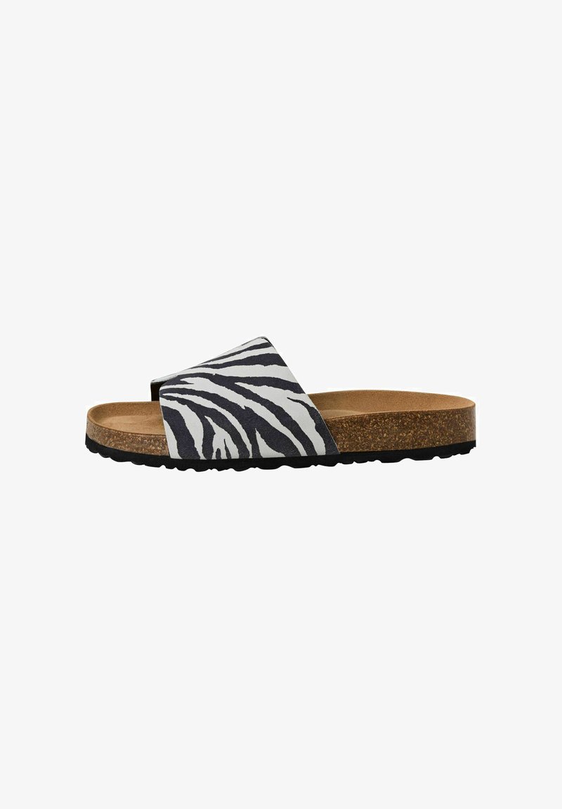 Zebra-mønsteret sutsko med en bred rem, korksål og sort gummisål. Blød tekstur og åbent tådesign for åndbarhed.