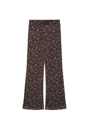 Pantaloni marroni a gamba larga con una fantasia leopardata beige e nera piccola e sparsa e una vita alta.