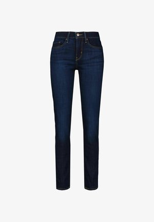 Tummansiniset slim fit -farkut, joissa on edessä nappi- ja vetskarihytti, viisi taskua ja keltaiset ompeluakkentit.