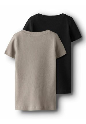 Two short-sleeve t-shirts, one beige and one black, made of ribbed cotton fabric with a classic crew neck design.