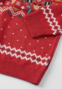 Punainen neulepaita, jossa on kuviollinen pääntie, juhlakauden teemoja, joustavat hihansuut ja koristeellinen helma valkoisilla, vihreillä ja sinisillä yksityiskohdilla.