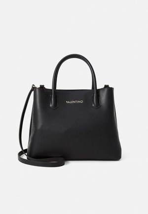 Black leather handbag with double top handles, detachable shoulder strap, rectangular shape, and embossed "Valentino" logo in gold.